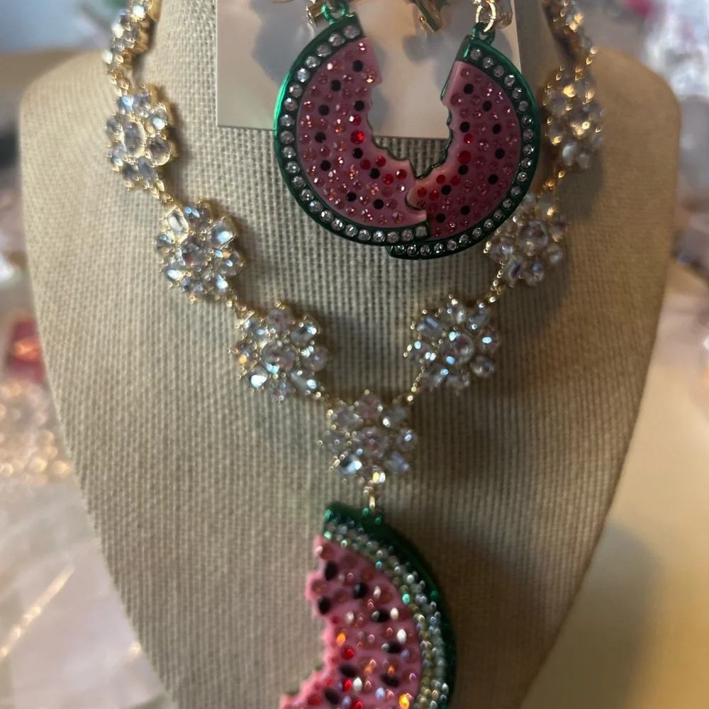 Betsey Johnson Watermelon Necklace with Pink and Green Accents with Earrings - Picture 2 of 4